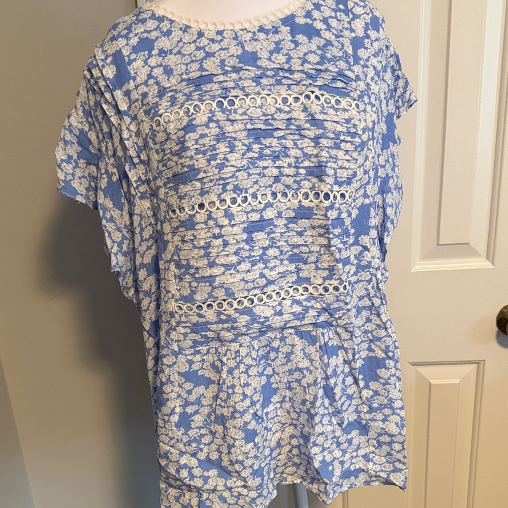 white birch Blue Floral Crochet-Trim Blouse